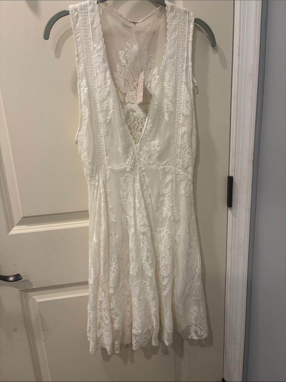 Free People Ivory Embroidered V-Neck Mini Dress